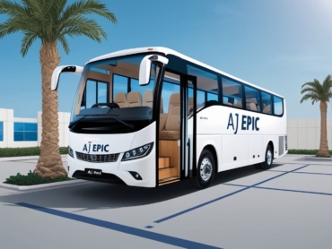 AJ EPIC buses in Dubai, featuring efficient and sustainable transport services for businesses.
