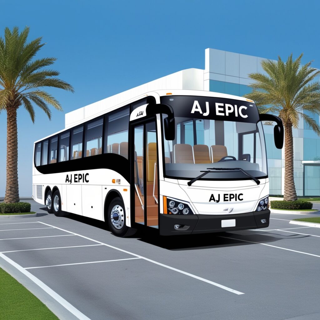 AJ EPIC buses in Dubai, featuring efficient and sustainable transport services for businesses.
