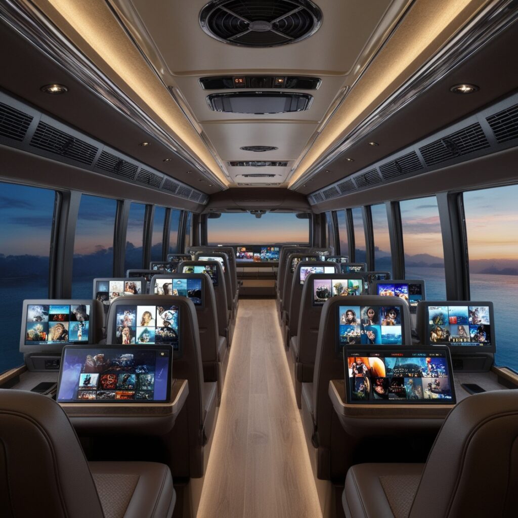 Stay connected on the go with complimentary Wi-Fi, available in all our luxury bus rental vehicles for your convenience. On-board Entertainment: Whether it’s a long trip or a short one, enjoy movies, music, or presentations with our state-of-the-art entertainment systems on every luxury bus rental.