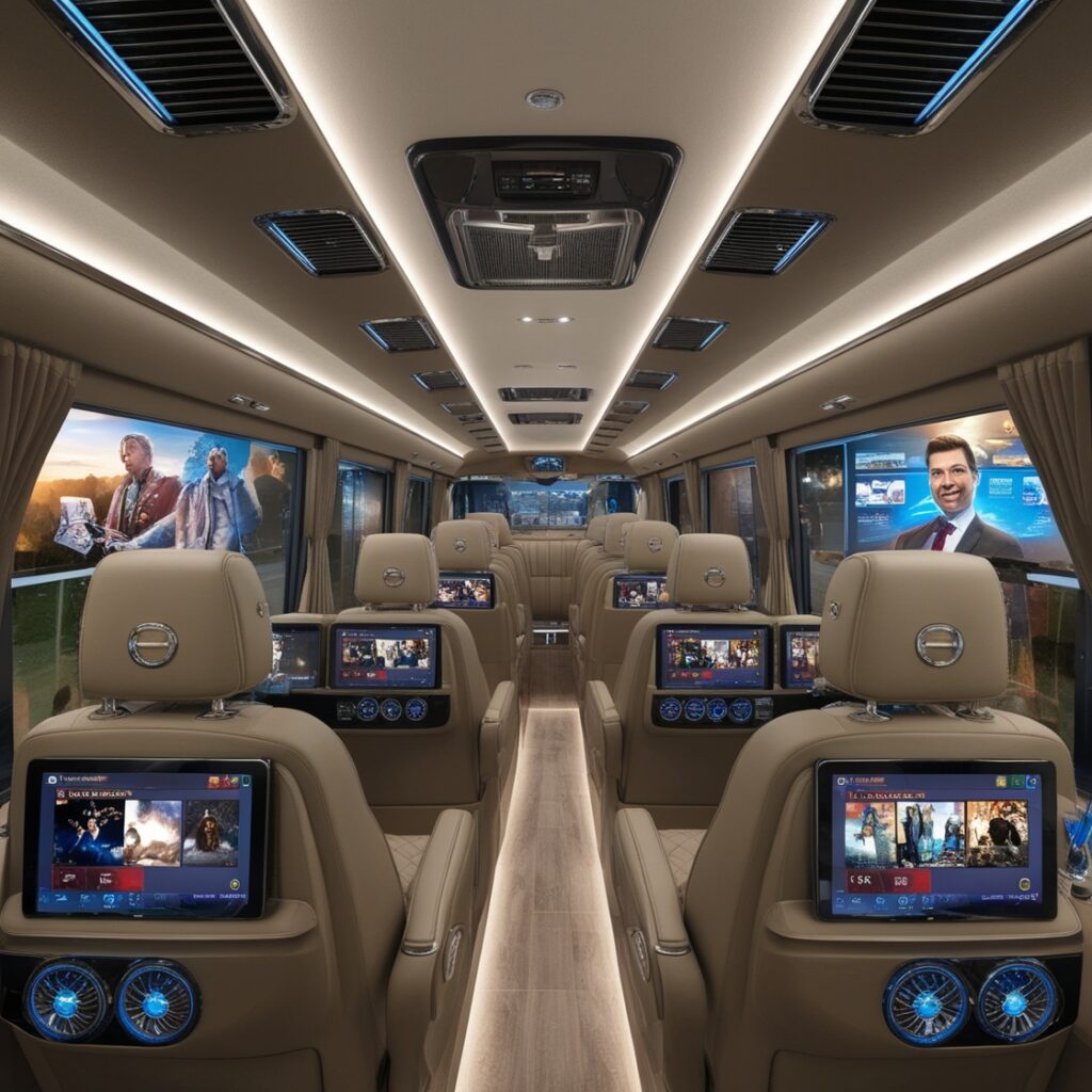 Stay connected on the go with complimentary Wi-Fi, available in all our luxury bus rental vehicles for your convenience. On-board Entertainment: Whether it’s a long trip or a short one, enjoy movies, music, or presentations with our state-of-the-art entertainment systems on every luxury bus rental.