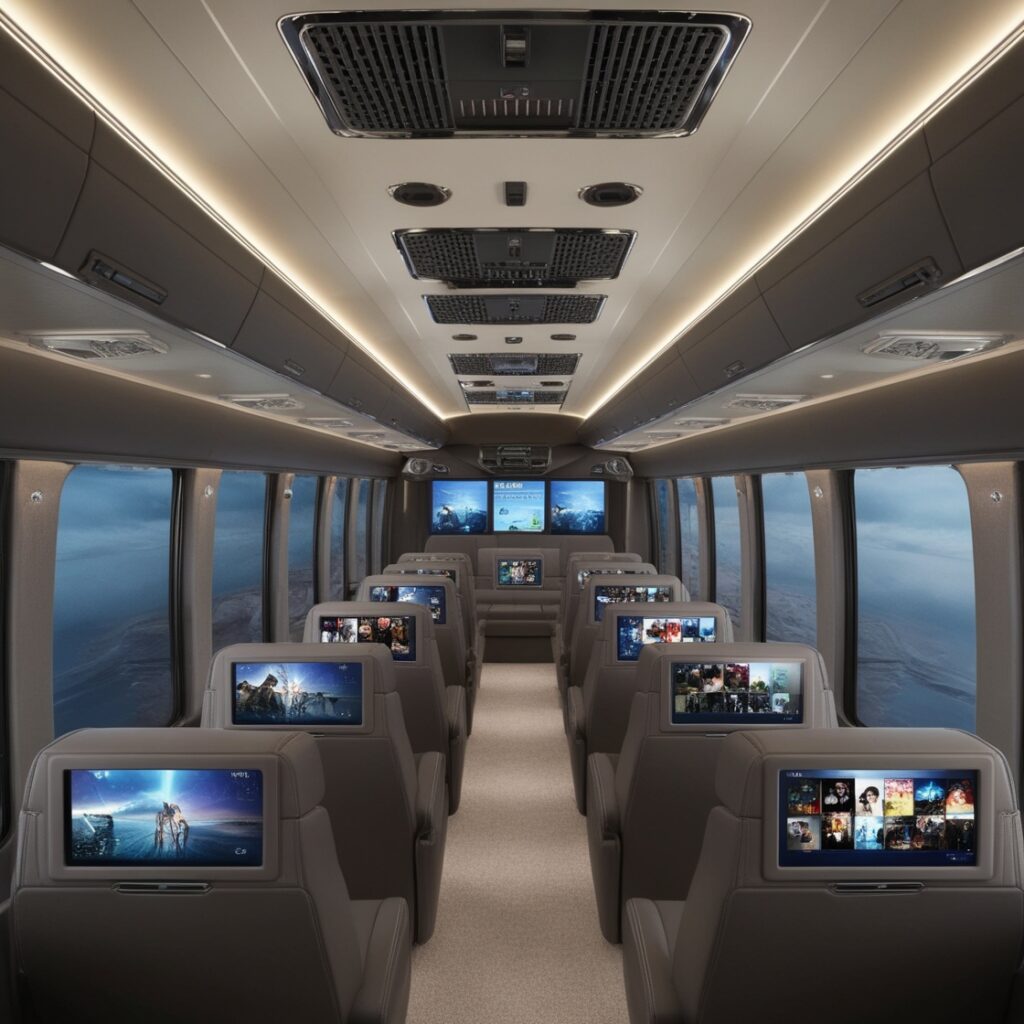 Stay connected on the go with complimentary Wi-Fi, available in all our luxury bus rental vehicles for your convenience. On-board Entertainment: Whether it’s a long trip or a short one, enjoy movies, music, or presentations with our state-of-the-art entertainment systems on every luxury bus rental.
